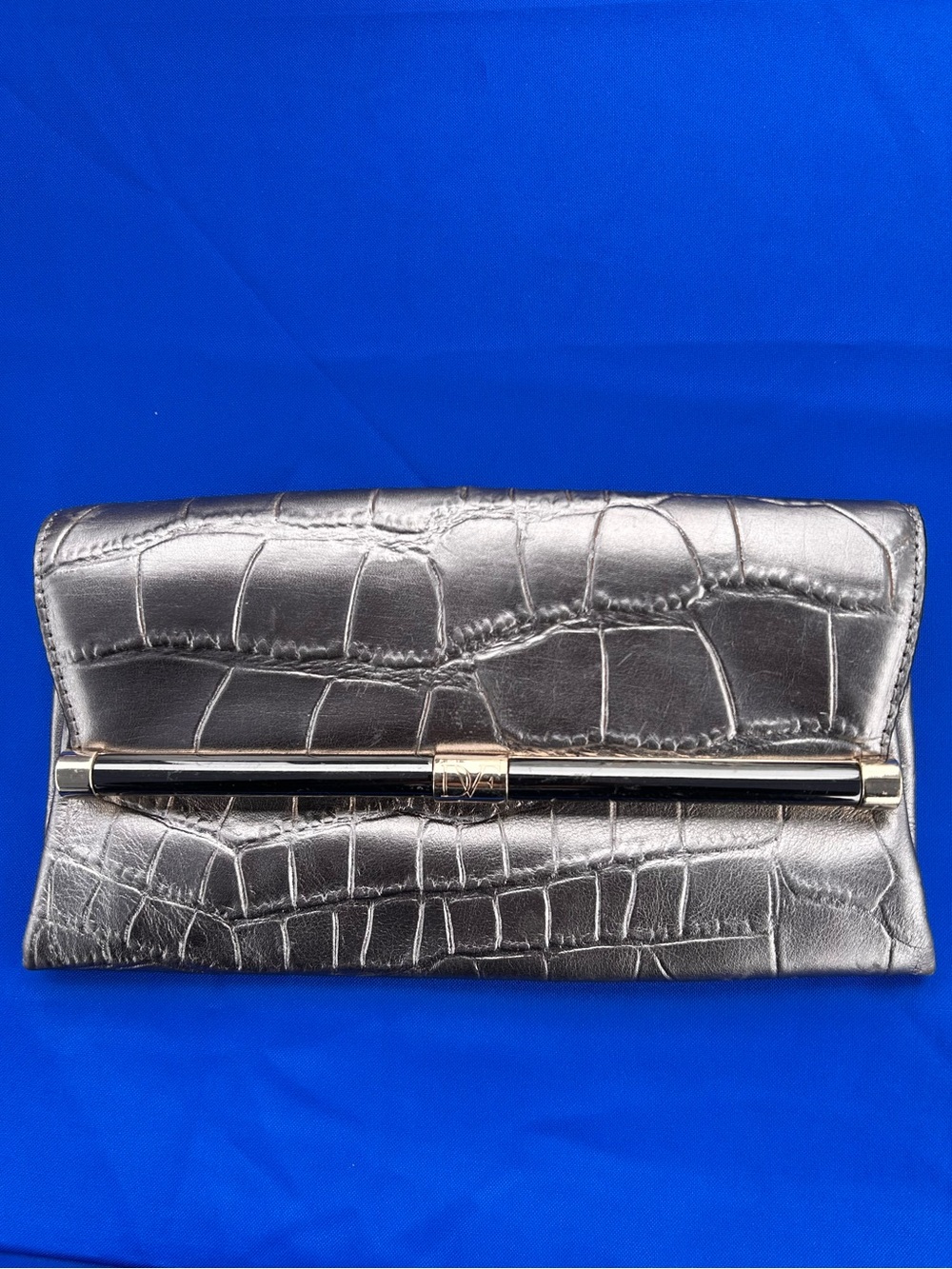 Diane Von Furstenberg 
Metallic Croc-Embossed Silver Clutch Bag